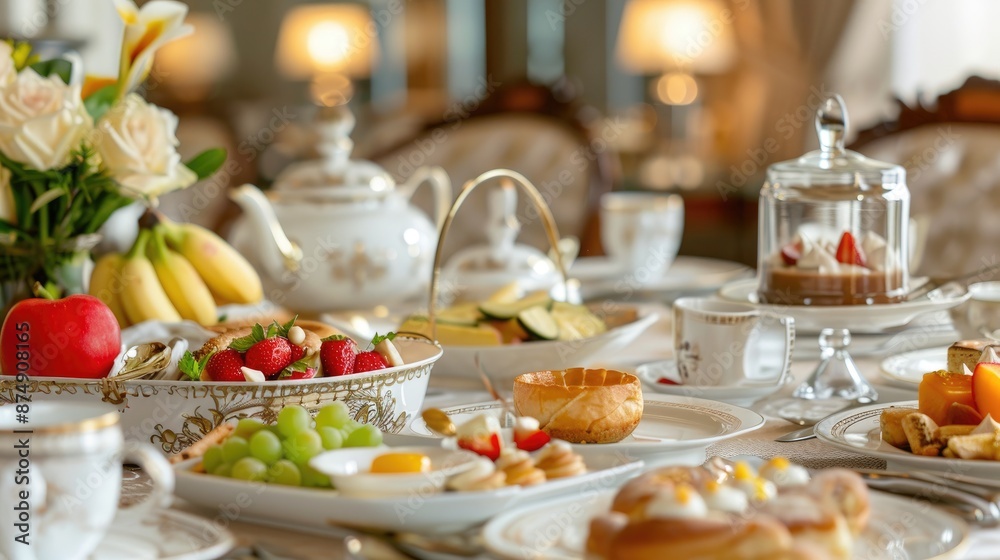 Gourmet breakfast spread in a luxury hotel suite, with fresh fruits, pastries, and fine china Gourmet breakfast spread in a luxury hotel suite, with fresh fruits, pastries, and fine china