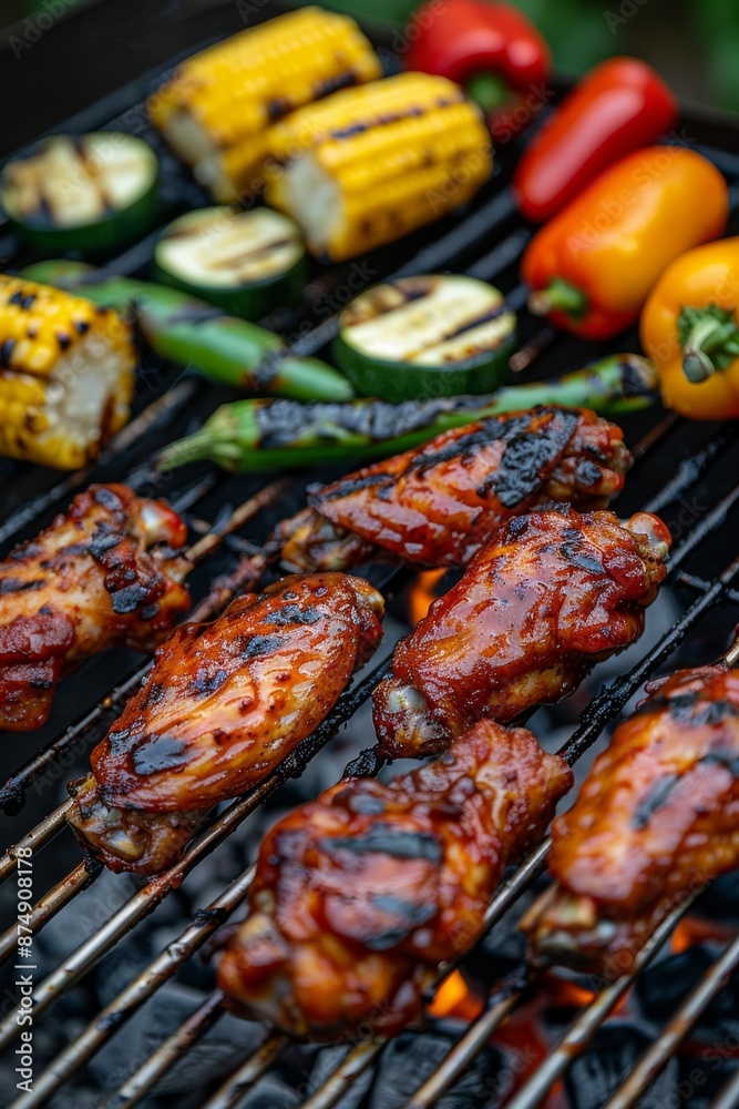 Grilling Chicken wings on hot grill. BBQ. Alongside vegetables like bell peppers, zucchini, and corn. Healthy Grilling.
Grilling Chicken wings on hot grill. BBQ. Alongside vegetables like bell peppers, zucchini, and corn. Healthy Grilling.