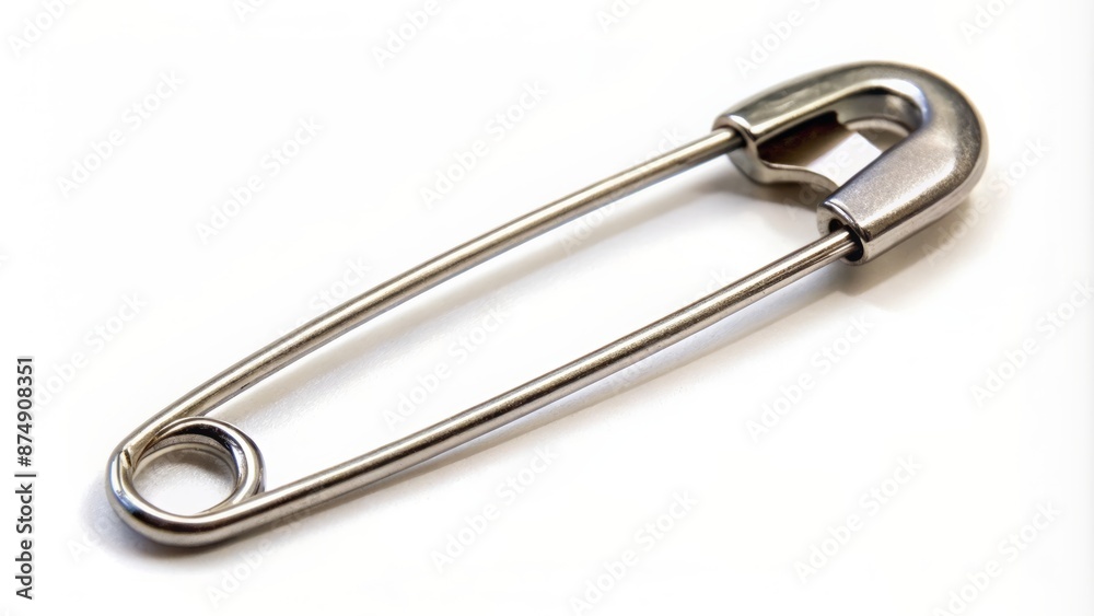 A single, shiny metal safety pin lies isolated on a plain white background, its sharp point gleaming in the light. A single, shiny metal safety pin lies isolated on a plain white background, its sharp point gleaming in the light.