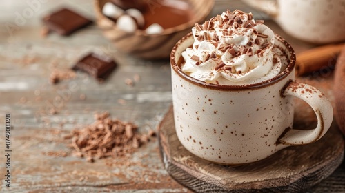 Hot chocolate in a mug with whipped cream and chocolate shavings on top, placed on a rustic table
