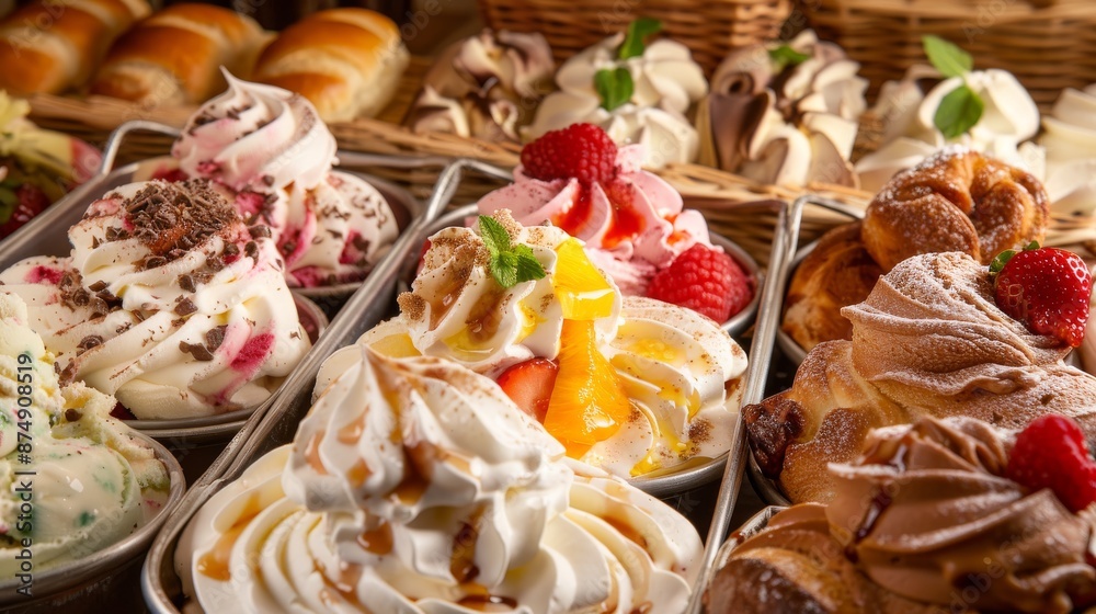 Assorted desserts including gelato and pastries display Assorted desserts including gelato and pastries display