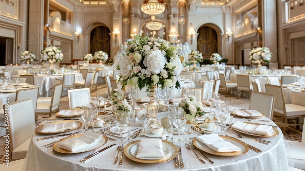 Lavish wedding reception with elegant table settings, floral arrangements, and a grand venue