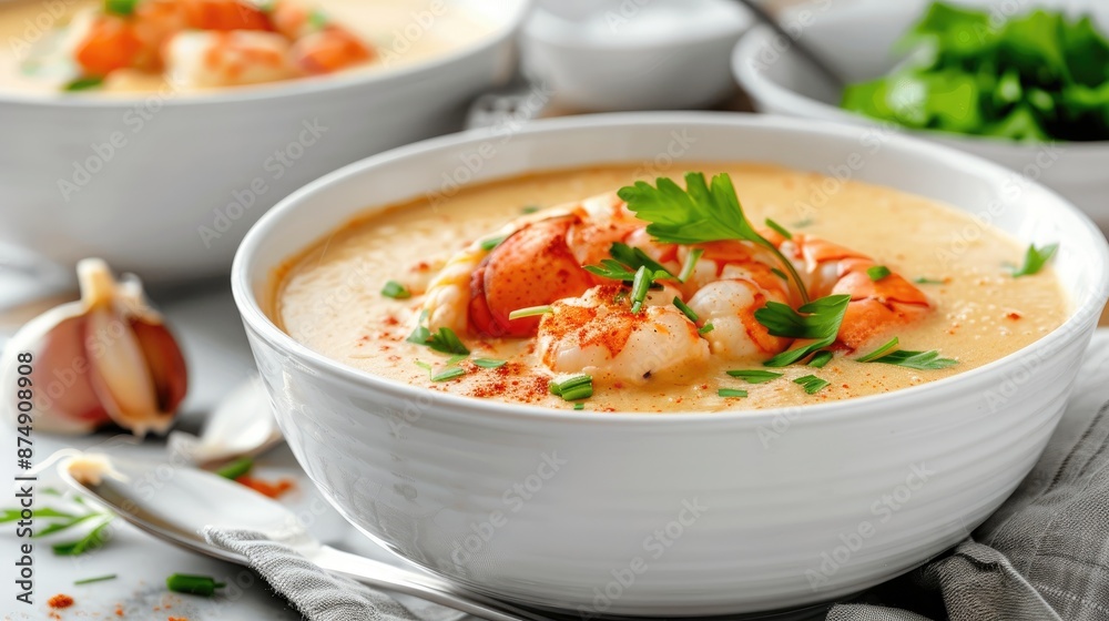Lobster bisque soup served in a bowl Lobster bisque soup served in a bowl