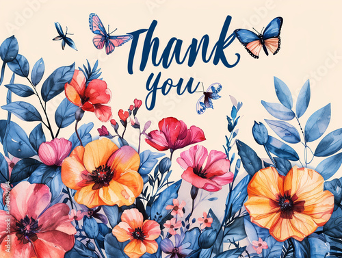 Thank You text with a background with flowers and butterflies
