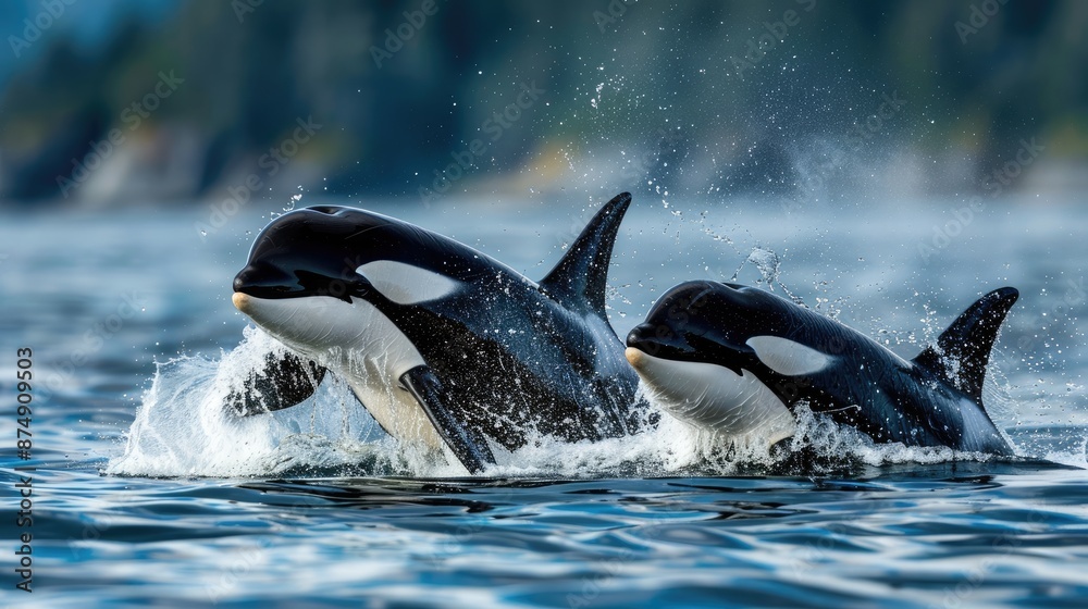 Fototapeta premium Orcas breaching the surface, displaying their striking black and white patterns