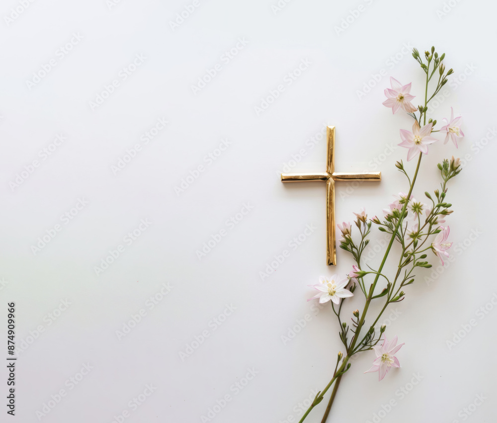 A gold cross and soft pink flowers form a minimalistic arrangement on a white background. A gold cross and soft pink flowers form a minimalistic arrangement on a white background.