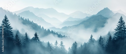 Scenic winter mountain landscape with foggy morning mist. landscape beautiful hills in the fog. mountains and forest winter