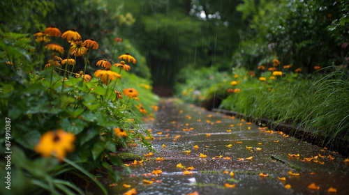 Rainy flower garden with walking path