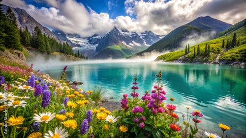 Serene misty mountainside landscape with vibrant wildflowers swaying gently in the wind against a backdrop of crystal clear turquoise water. © Caitlin