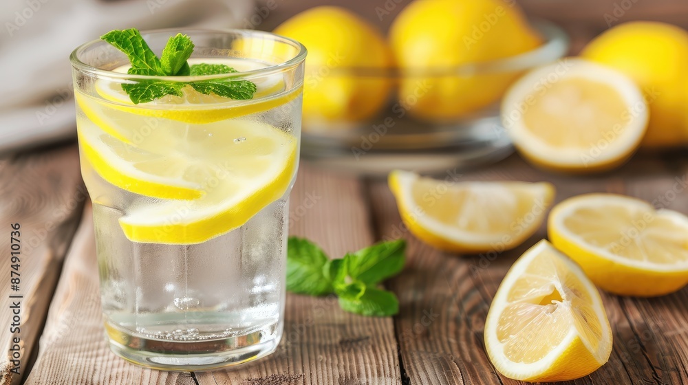 Refreshing glass of water with lemon slices and mint leaves on a wooden table Refreshing glass of water with lemon slices and mint leaves on a wooden table