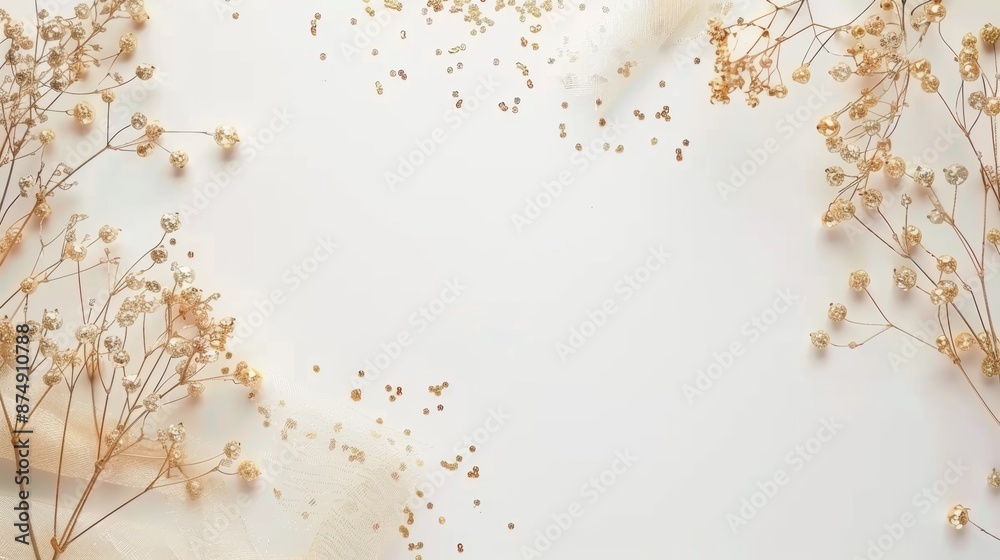 Elegant pearl flowers with golden branches on a beige marble background. Luxurious floral decoration concept. Elegant pearl flowers with golden branches on a beige marble background. Luxurious floral decoration concept.