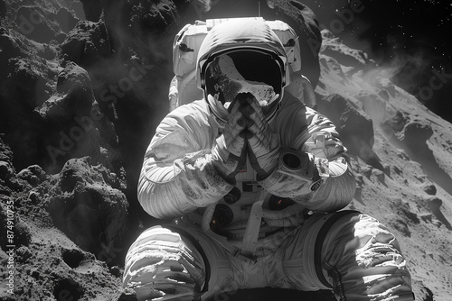 lonely astronaut in helmet and space suit praying on the moon, deep space in the backround
