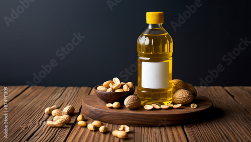 Bottle of Peanut oil and raw peanuts on a wooden background, Peanut oil in a transparent bottle with lable