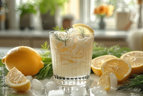 A glass of kefir, modern kitchen counter, a few sprigs of dill and slices of lemon around. Airan, ayran, fermented milk drink, fermented probiotics, kefir drink, homemade kefir, Probiotic cold ferment