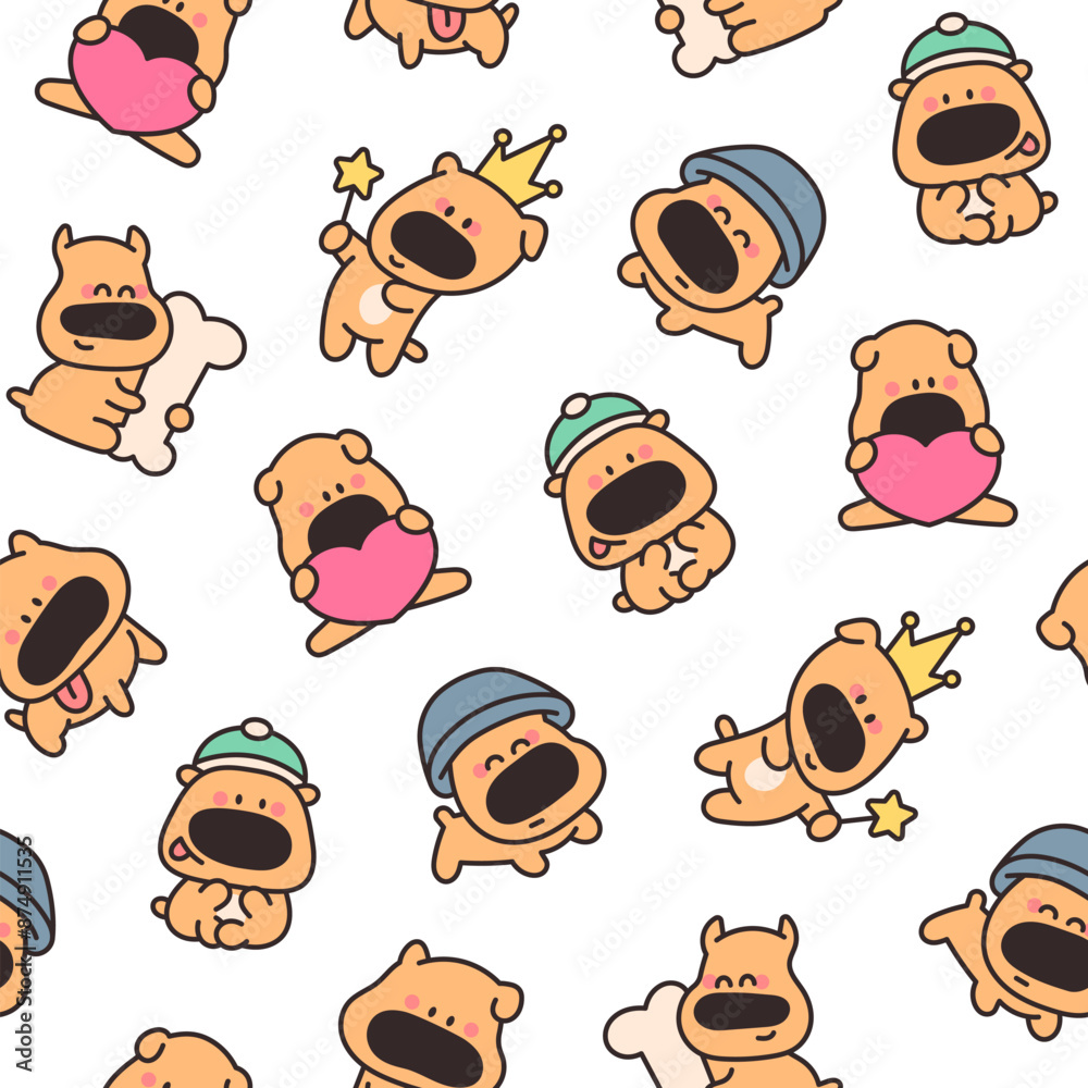 Cute cartoon puppy characters. Seamless pattern. Adorable dog with different emotions. Hand drawn style. Vector drawing. Design ornaments. Cute cartoon puppy characters. Seamless pattern. Adorable dog with different emotions. Hand drawn style. Vector drawing. Design ornaments.