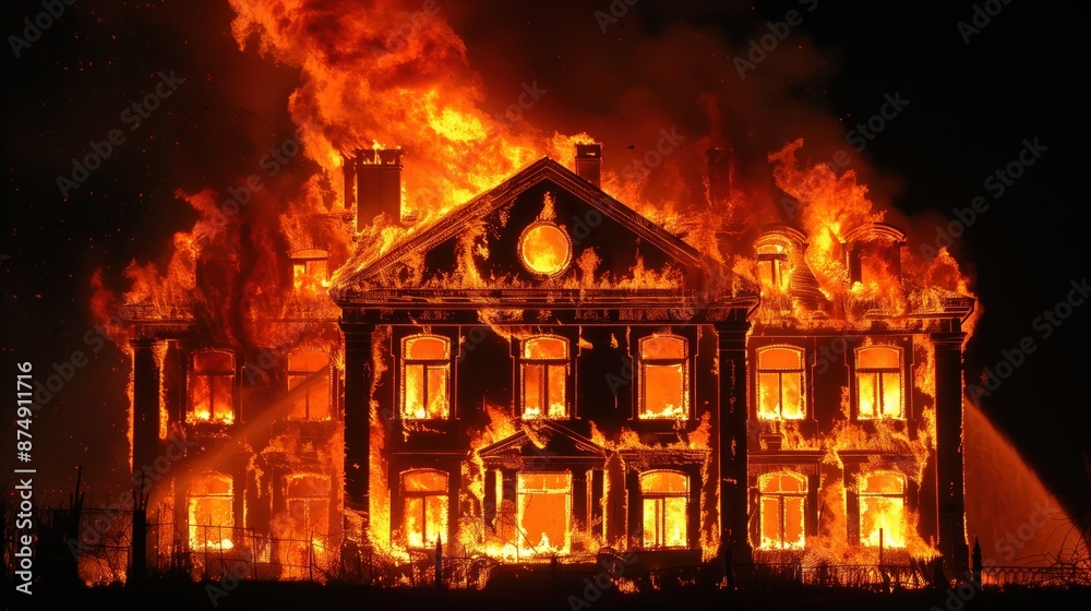 Dramatic photo of a large building engulfed in flames at night, highlighting the intensity and destructive power of fire. Dramatic photo of a large building engulfed in flames at night, highlighting the intensity and destructive power of fire.