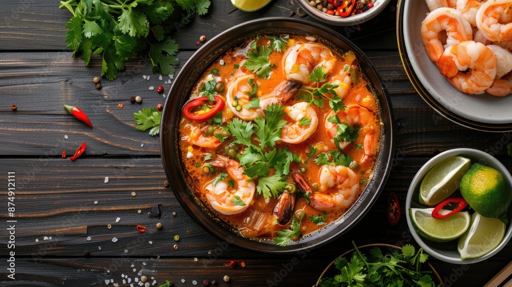 Top view of a beautifully arranged table with spicy prawn soup, fresh herbs, and lime wedges Top view of a beautifully arranged table with spicy prawn soup, fresh herbs, and lime wedges