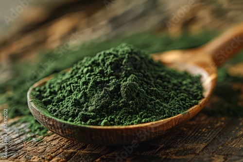 A close-up of a wooden spoon with chlorella, chlorella powder, chlorella pills, chlorella smoothie. spirulina, spirulina drink, spirulina powder, spirulina smoothie, spirulina pills