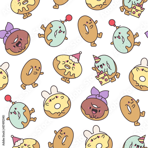 Funny donut cartoon character. Seamless pattern. Adorable kawaii sweet food. Hand drawn style. Vector drawing. Design ornaments.