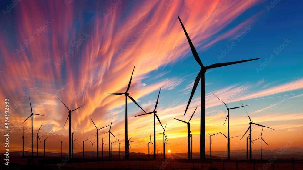 Wind farm at sunset, with turbines silhouetted against a colorful sky Wind farm at sunset, with turbines silhouetted against a colorful sky
