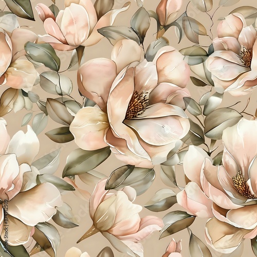 Watercolor Pink Flower and Green Leaf Repeat for Print and Textile