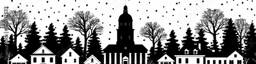 Monochrome winter village scene with trees, houses, and a central church under a starry night sky, ideal for holiday cards and seasonal decorations
