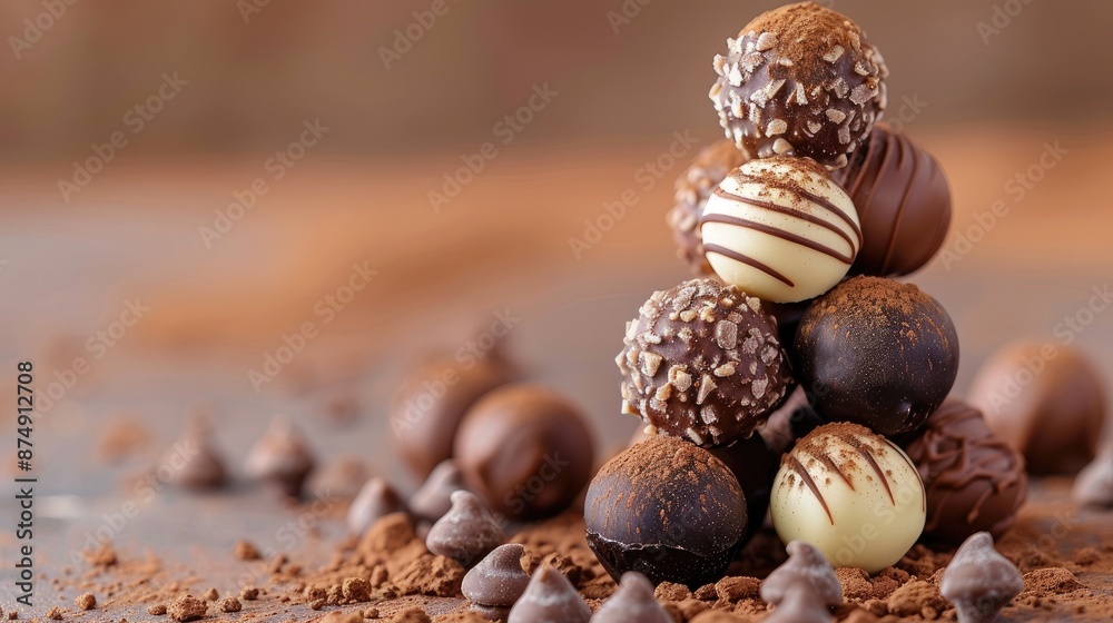 stack of assorted chocolate truffles, dusted with cocoa powder and elegantly arranged stack of assorted chocolate truffles, dusted with cocoa powder and elegantly arranged
