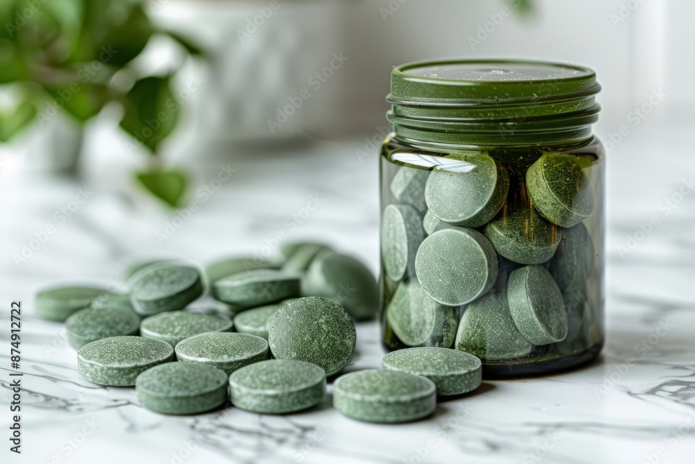 Top view of a bottle of chlorella pills spilled on a marble surface, minimalist composition. chlorella, chlorella powder, chlorella pills. spirulina, spirulina drink, spirulina powder, spirulina pills Top view of a bottle of chlorella pills spilled on a marble surface, minimalist composition. chlorella, chlorella powder, chlorella pills. spirulina, spirulina drink, spirulina powder, spirulina pills