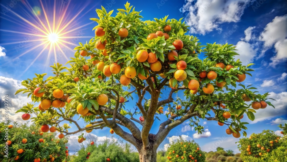 A lush, vibrant tree stands tall, its branches laden with juicy, ripe fruits, set against a bright, sunny blue sky background. A lush, vibrant tree stands tall, its branches laden with juicy, ripe fruits, set against a bright, sunny blue sky background.