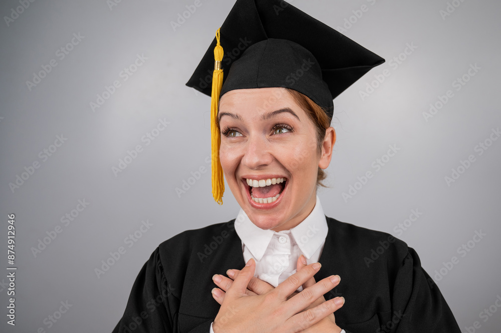 © Михаил Решетников - Caucasian woman in graduate gown dreamily holds her hands on her chest.