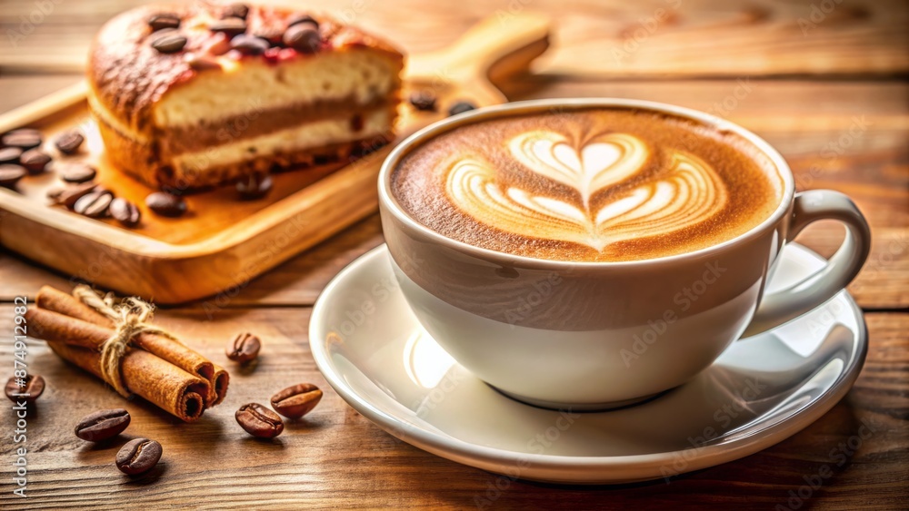 Delightful morning setup featuring expertly crafted cappuccino with heart-shaped latte art on a warm beige background with coffee cake nearby.