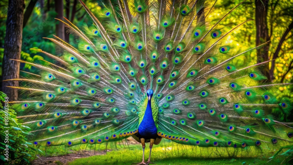 Obraz premium Vibrant peacock stands proudly in lush green forest, its stunning iridescent tail feathers fully fanned out in majestic display.