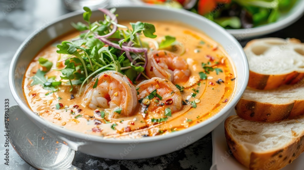 Bowl of spicy prawn soup served with fresh baguette slices and a side salad, creating a fusion dish Bowl of spicy prawn soup served with fresh baguette slices and a side salad, creating a fusion dish