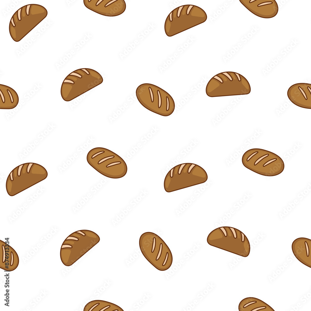 Bread. Seamless pattern. Loaf food, bakery baget, pastry grain. Hand drawn style. Vector drawing. Design ornaments.