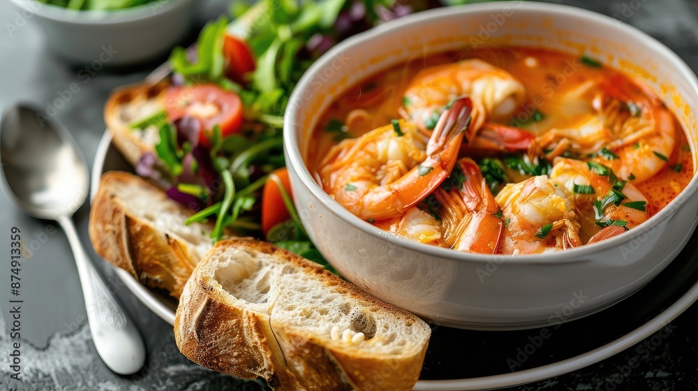 Bowl of spicy prawn soup served with fresh baguette slices and a side salad, creating a fusion dish Bowl of spicy prawn soup served with fresh baguette slices and a side salad, creating a fusion dish