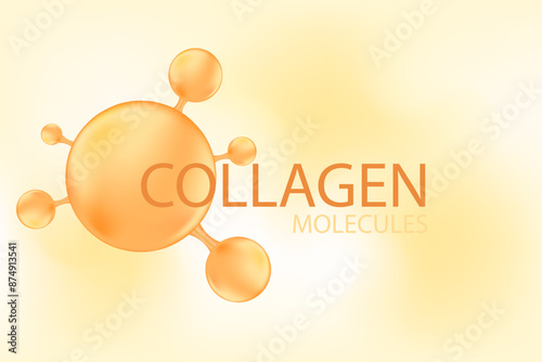 Aesthetic beige molecule in yellow background, collagen peptide or hyaluronic acid, oxygen or serum chemical formula. Beauty treatment nutrition skincare wallpaper with copy space. Scientific theme