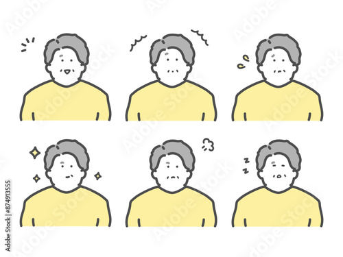 様々な表情をするシニア男性のイラスト　セット

