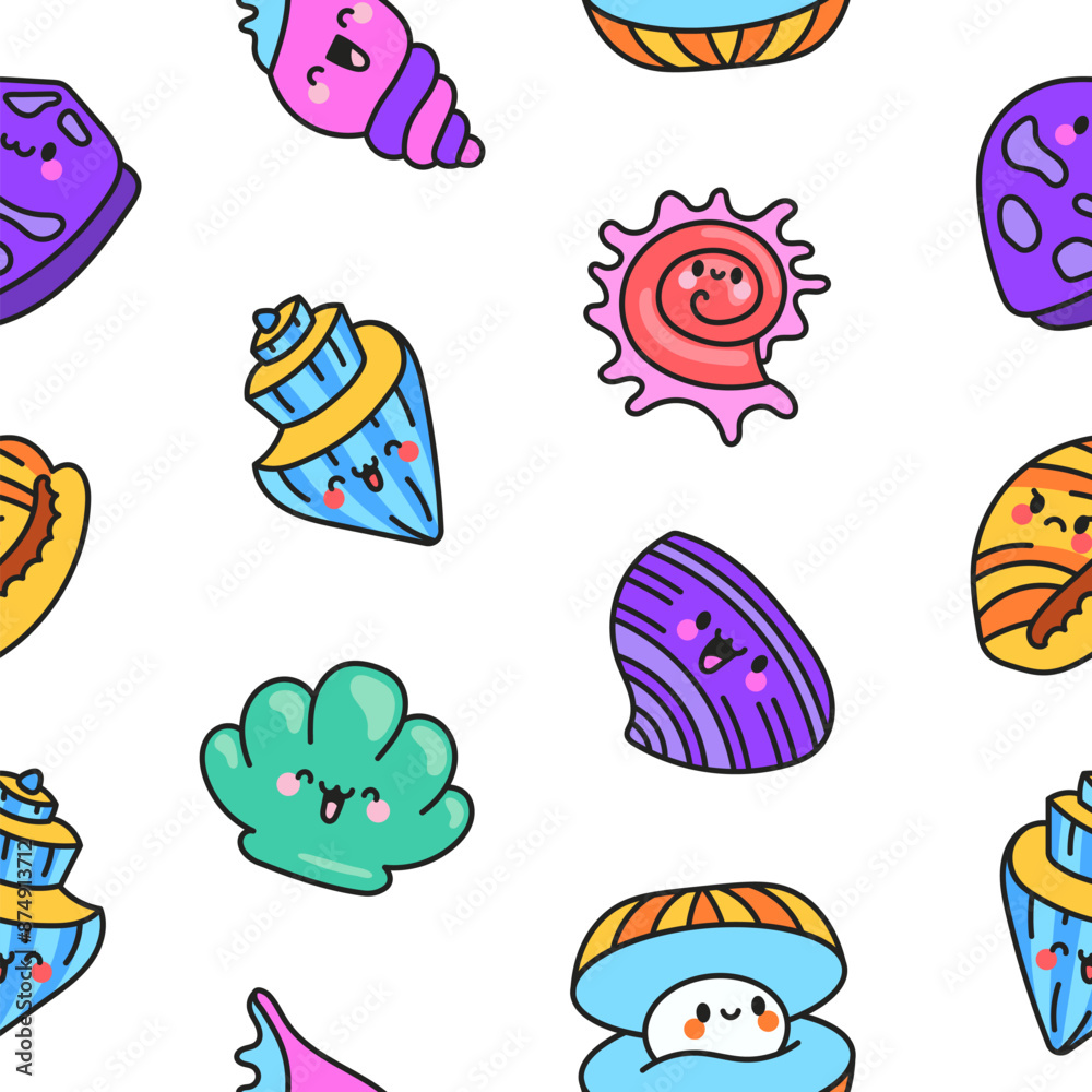 Cute kawaii sea shell. Seamless pattern. Cartoon aquatic life. Marine seashell characters, summer vacation. Hand drawn style. Vector drawing. Design ornaments. Cute kawaii sea shell. Seamless pattern. Cartoon aquatic life. Marine seashell characters, summer vacation. Hand drawn style. Vector drawing. Design ornaments.