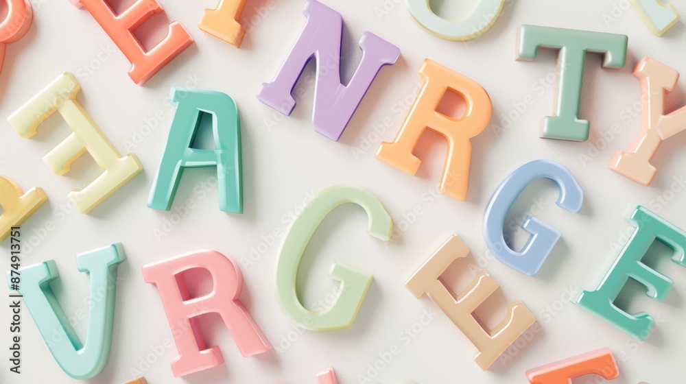Fototapeta premium Colorful Plastic Letters Scattered on White Background