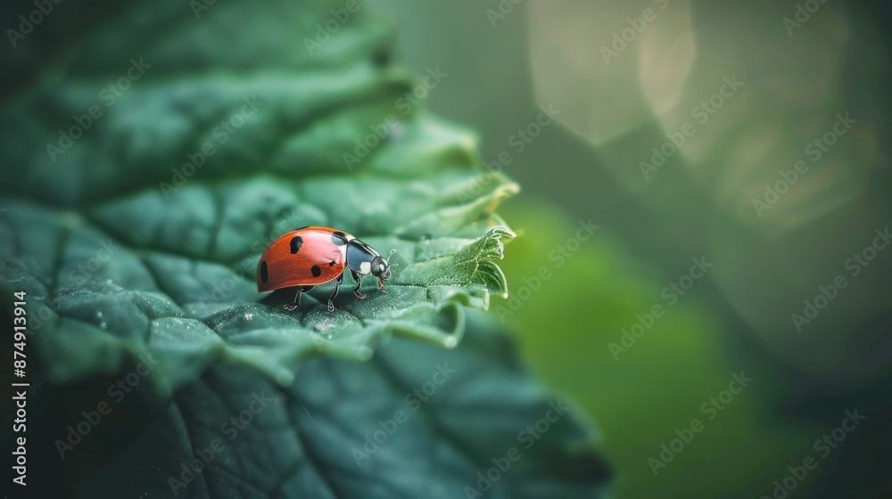 Obraz premium Small red-orange ladybug on a green leaf