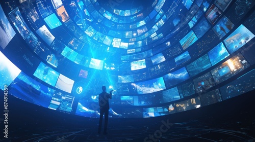 Digital collage of various media content on a virtual screen in a futuristic space setting with holographic images floating around the person. The background is digital in futuristic style