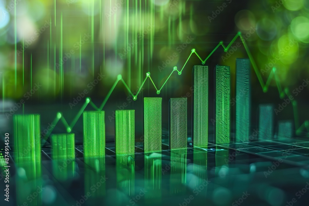 Bar charts with green color going up and down for positive Eco-investing stock market 