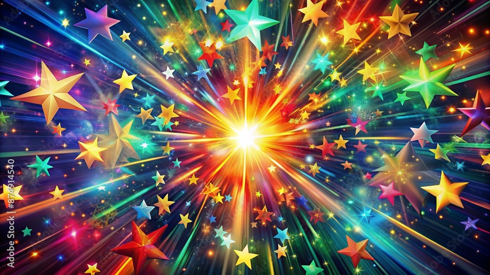 Fototapeta premium Vibrant, whimsical, and energetic explosion of colorful stars, swirls, and shapes in a dynamic, abstract, and futuristic graphical background.