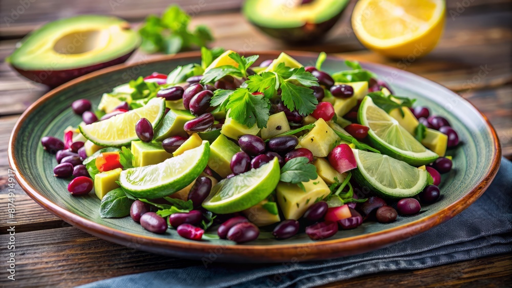 Vibrant avocado and black bean salad with red onion, cilantro, and lime wedges, artfully arranged on a soft purple plate. Vibrant avocado and black bean salad with red onion, cilantro, and lime wedges, artfully arranged on a soft purple plate.