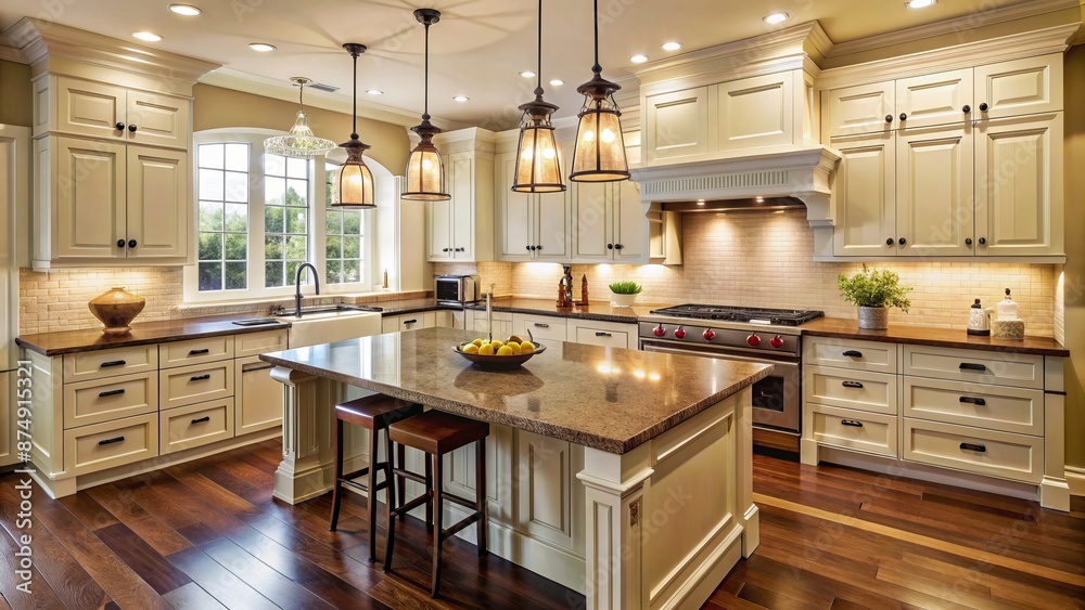 Elegant traditional kitchen with cream-colored cabinets, dark wood countertops, and stainless steel appliances, illuminated by warm pendant lighting. Elegant traditional kitchen with cream-colored cabinets, dark wood countertops, and stainless steel appliances, illuminated by warm pendant lighting.