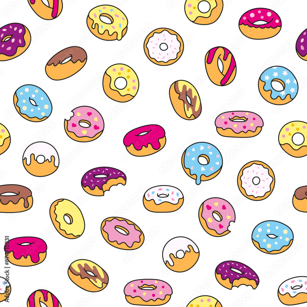 Donuts with glaze. Seamless pattern. Sweet doughnuts. Chocolate confectionery. Hand drawn style. Vector drawing. Design ornaments. Donuts with glaze. Seamless pattern. Sweet doughnuts. Chocolate confectionery. Hand drawn style. Vector drawing. Design ornaments.