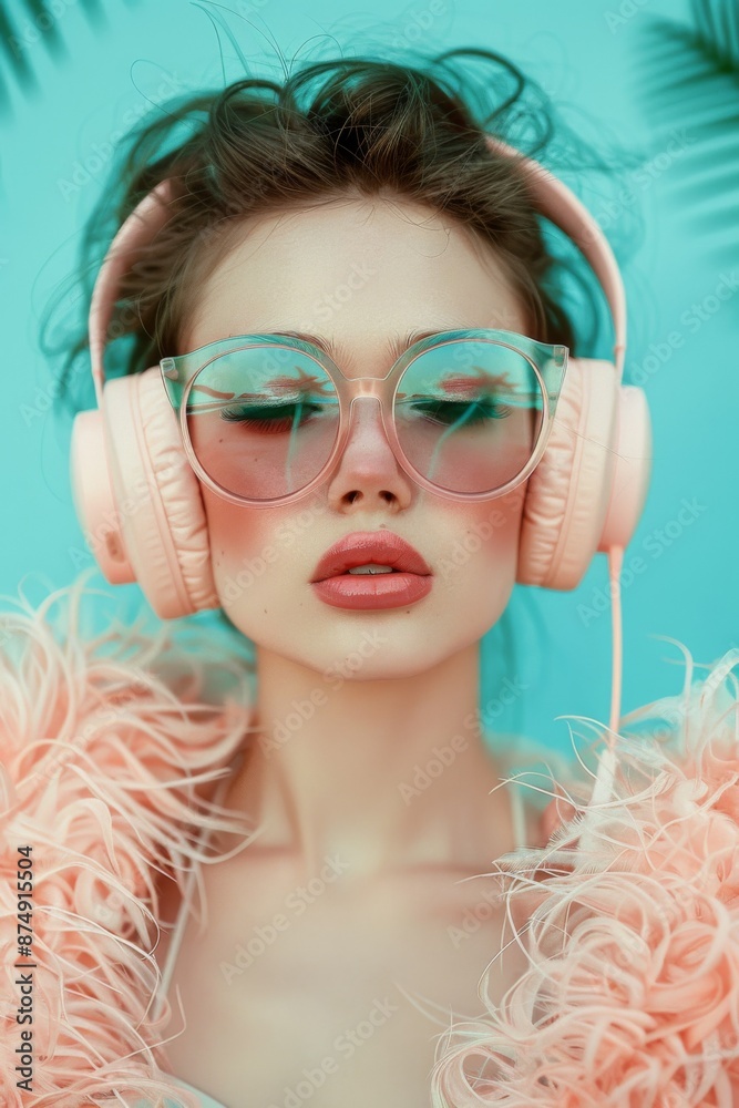 Fototapeta premium Female beauty model wearing sunglasses and pink headphones on a vibrant blue background. Female. Audio, music, enjoyment, emotions, listening. 