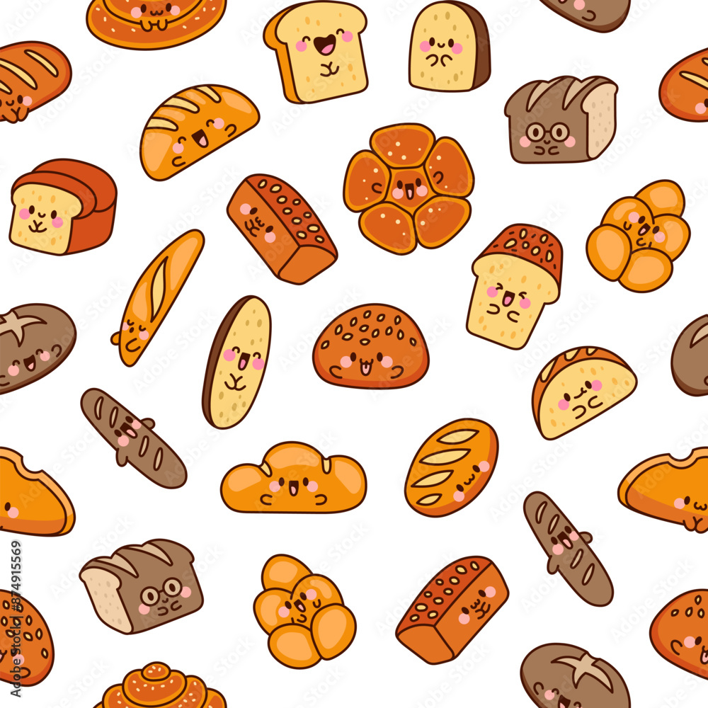 Cute kawaii bread with smiley face. Seamless pattern. Bakery food cartoon characters. Hand drawn style. Vector drawing. Design ornaments. Cute kawaii bread with smiley face. Seamless pattern. Bakery food cartoon characters. Hand drawn style. Vector drawing. Design ornaments.