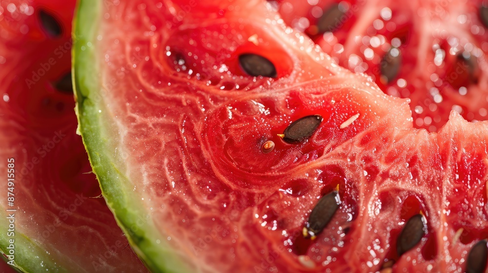 Close-up of a juicy watermelon slice, showcasing the vibrant red flesh and black seeds Close-up of a juicy watermelon slice, showcasing the vibrant red flesh and black seeds