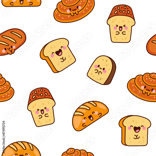 Cute kawaii bread with smiley face. Seamless pattern. Bakery food cartoon characters. Hand drawn style. Vector drawing. Design ornaments.